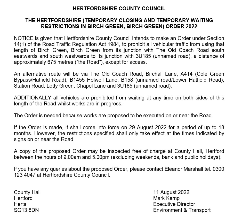 notice of temporary waiting in Birch Green