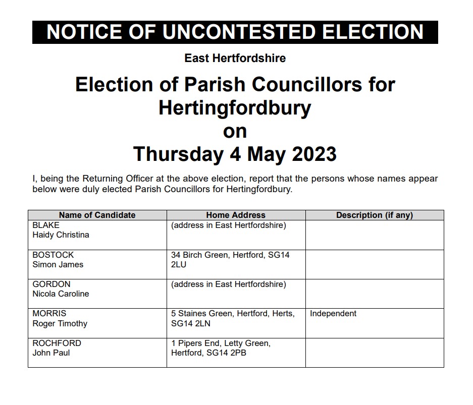 Notice of uncontested Election parish councillor HPC